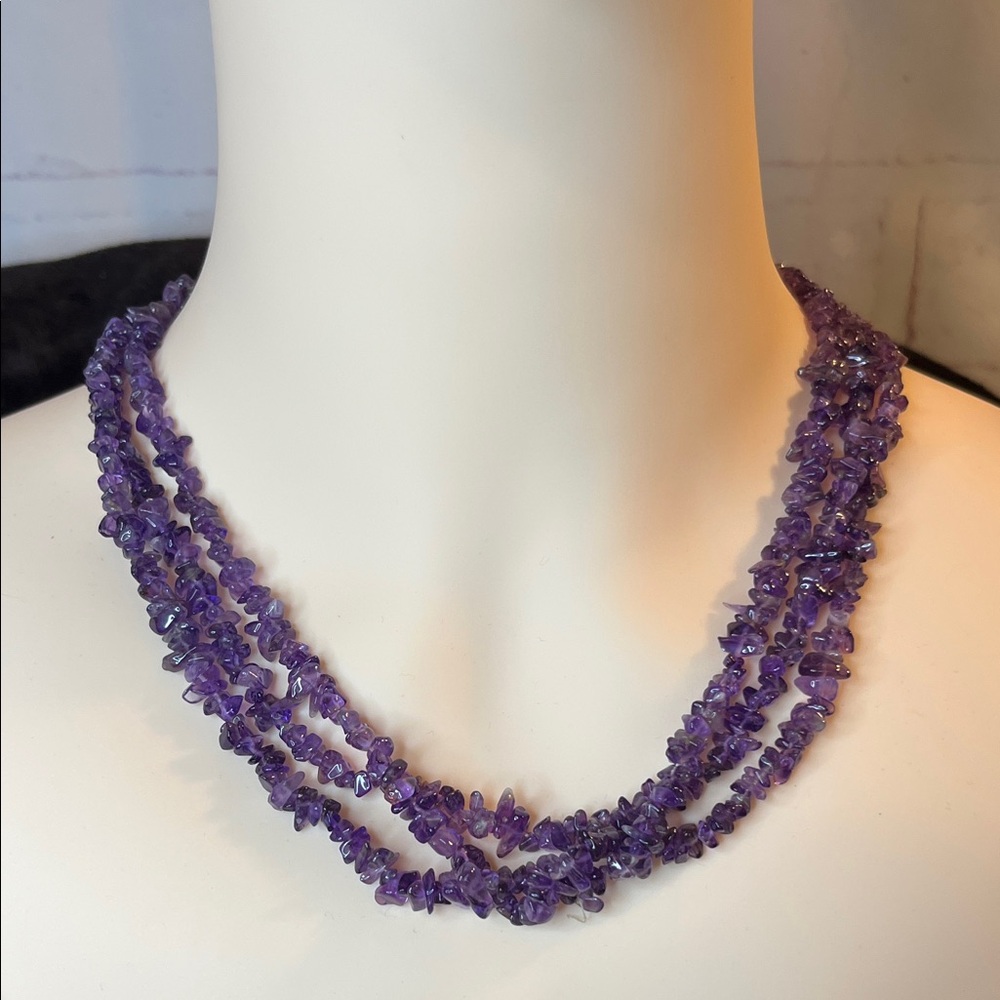 Natural Raw African Amethyst Chip 3 row Necklace 925 Silver Clasp 20”